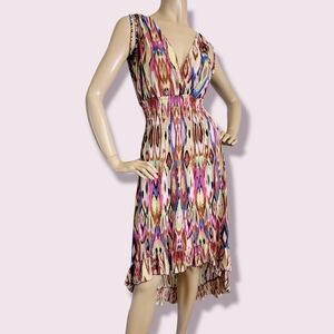 Multicolored Ikat High Low Cinched Waist Dress